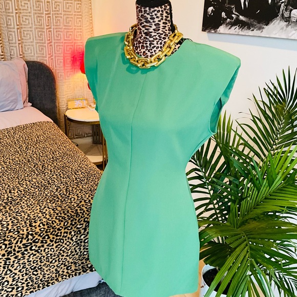 Green Shoulder Pad Mini Dress - Picture 3 of 8